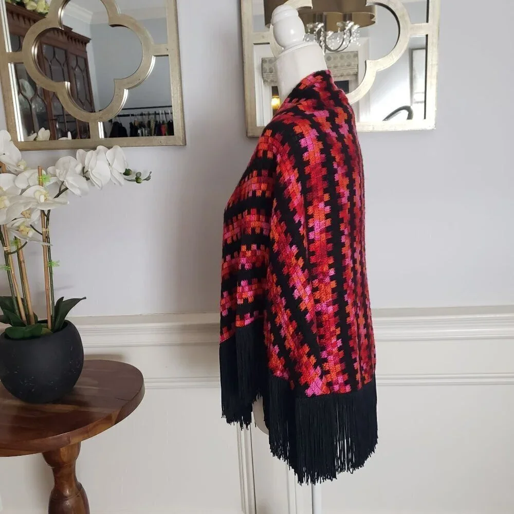 Vintage Handwoven Boho Scarf Cape Wrap Vibrant Geometric Pattern & Black Fringe